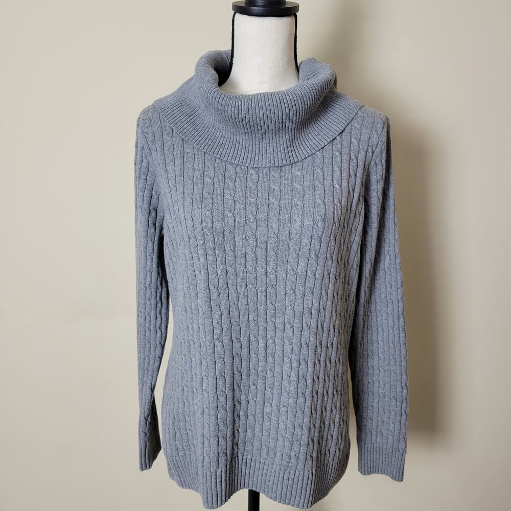 Pria Size L Gray Cowl Neck Long Sleeve Cable Knit Cotton Sweater